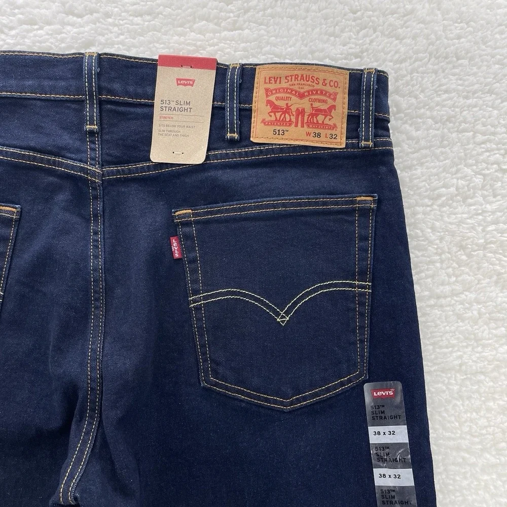 Levis 513 Jeans Mens 38x32 Blue Slim Straight Dark Wash Stretch Denim Preppy NEW